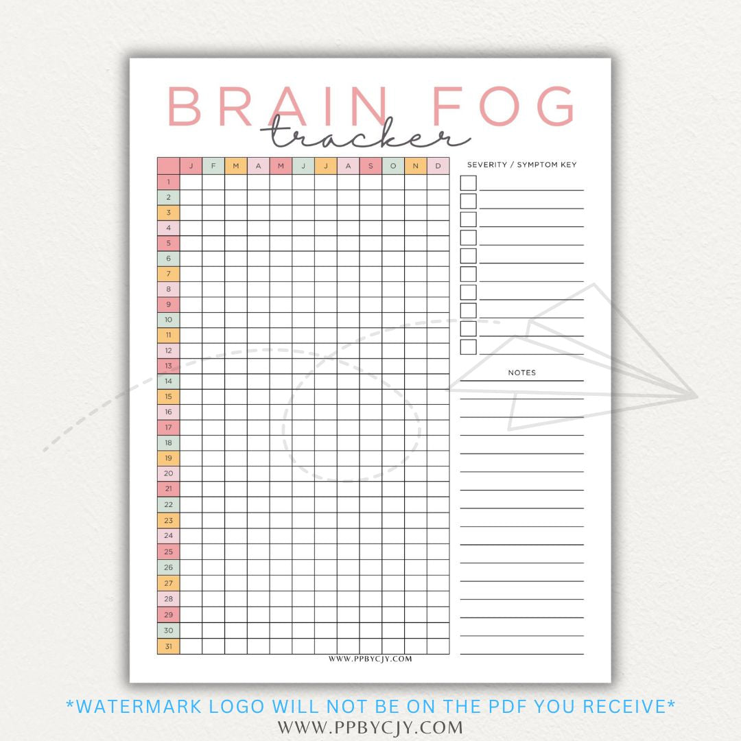 Brain fog tracker printable PDF template with sections for logging symptoms, triggers, and patterns affecting mental clarity and cognitive function.

