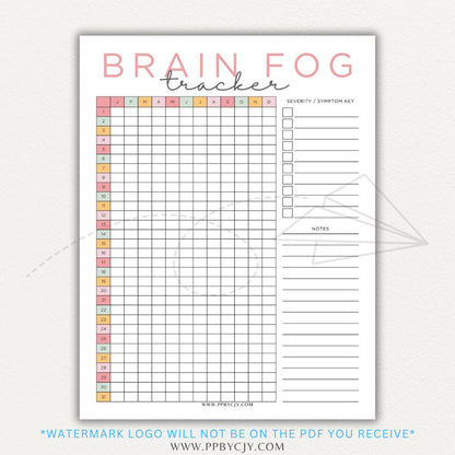 Brain fog tracker printable PDF template with sections for logging symptoms, triggers, and patterns affecting mental clarity and cognitive function.

