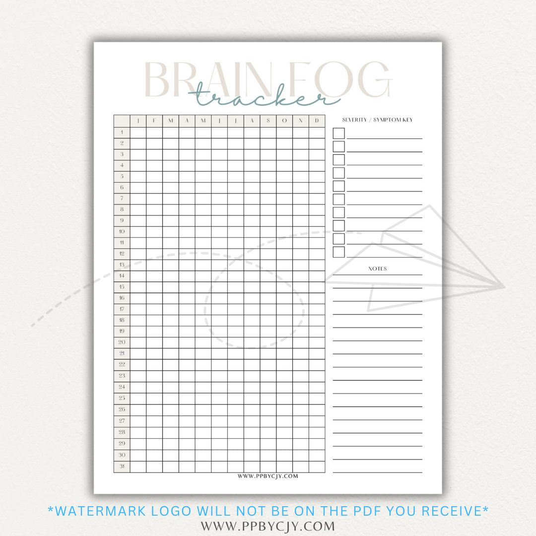 Brain fog tracker printable PDF template with sections for logging symptoms, triggers, and patterns affecting mental clarity and cognitive function.

