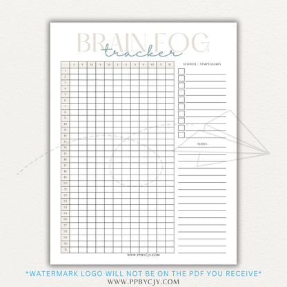 Brain fog tracker printable PDF template with sections for logging symptoms, triggers, and patterns affecting mental clarity and cognitive function.

