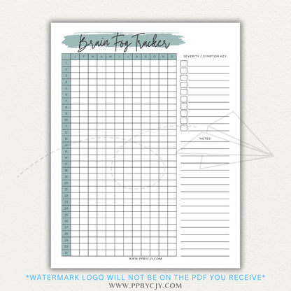 Brain fog tracker printable PDF template with sections for logging symptoms, triggers, and patterns affecting mental clarity and cognitive function.

