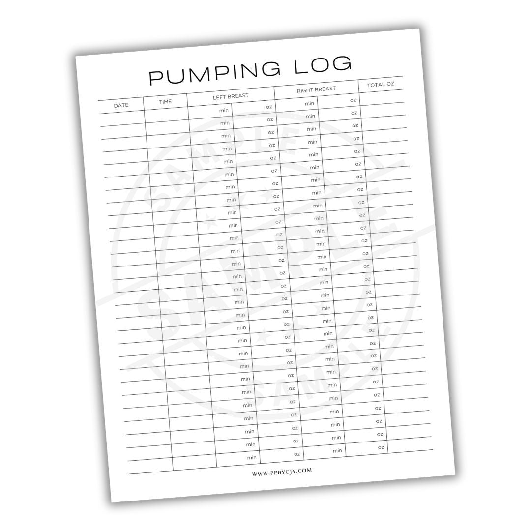 Pumping log sheet with columns for date, time, left breast, right breast, and total ounces on a white background.