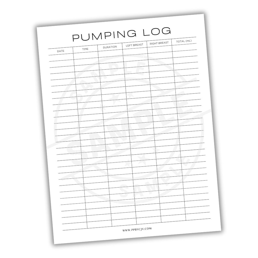 Pumping log sheet with columns for date, time, duration, left breast, right breast, and total pump on a white background.