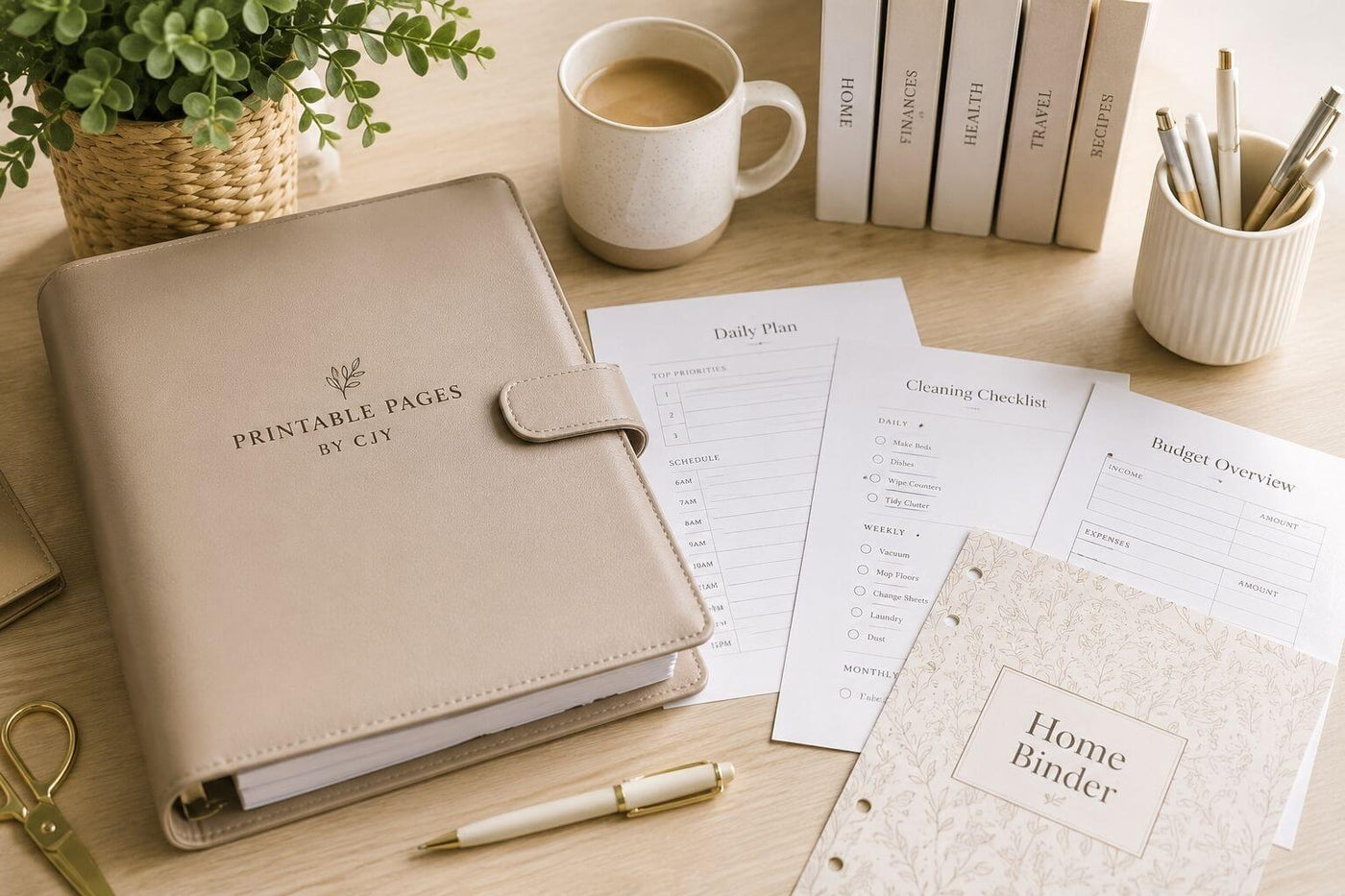Printable planner pages on a desk