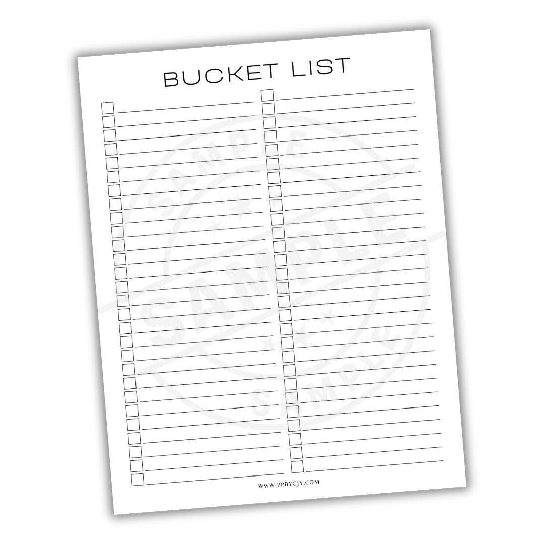 Bucket list sheet with checkboxes on a white background