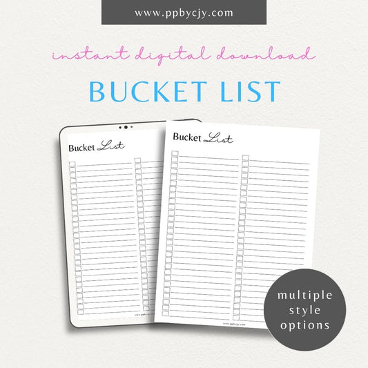 Bucket List Printable Template – Digital Download for Recording and Tracking Life Goals and Dreams