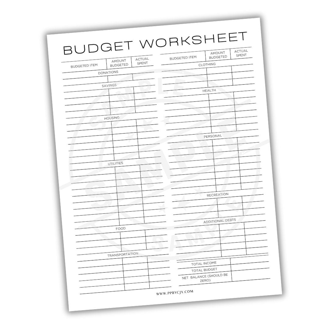Budget worksheet with columns for budgeted and actual expenses on a white background