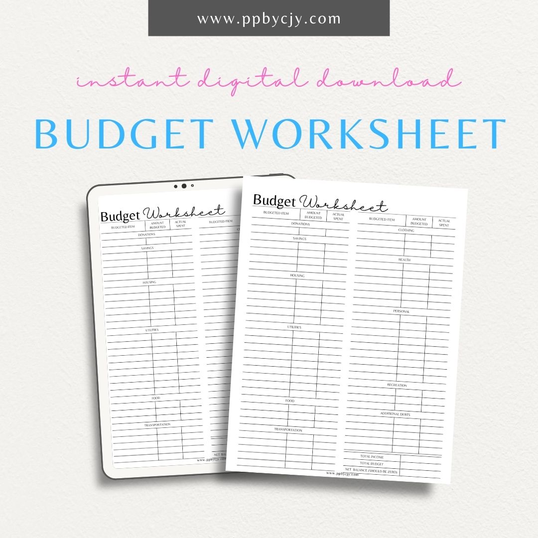 Budget Worksheet Printable PDF Template for tracking income, expenses, and savings

