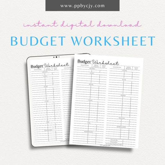 Budget Worksheet Printable PDF Template for tracking income, expenses, and savings

