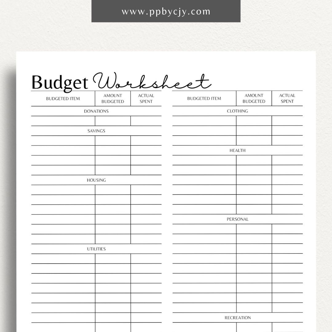 Budget Worksheet Printable PDF Template for tracking income, expenses, and savings

