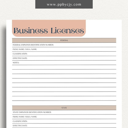 Business License Tracking Printable Template – Digital Download for Organizing and Managing Business Licenses