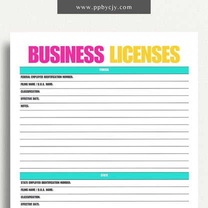 Business License Tracking Printable Template – Digital Download for Organizing and Managing Business Licenses