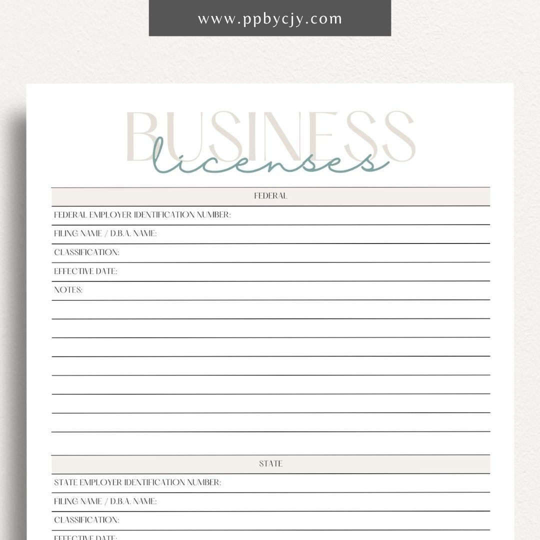 Business License Tracking Printable Template – Digital Download for Organizing and Managing Business Licenses