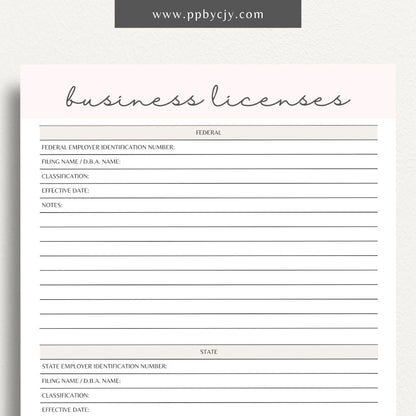 Business License Tracking Printable Template – Digital Download for Organizing and Managing Business Licenses