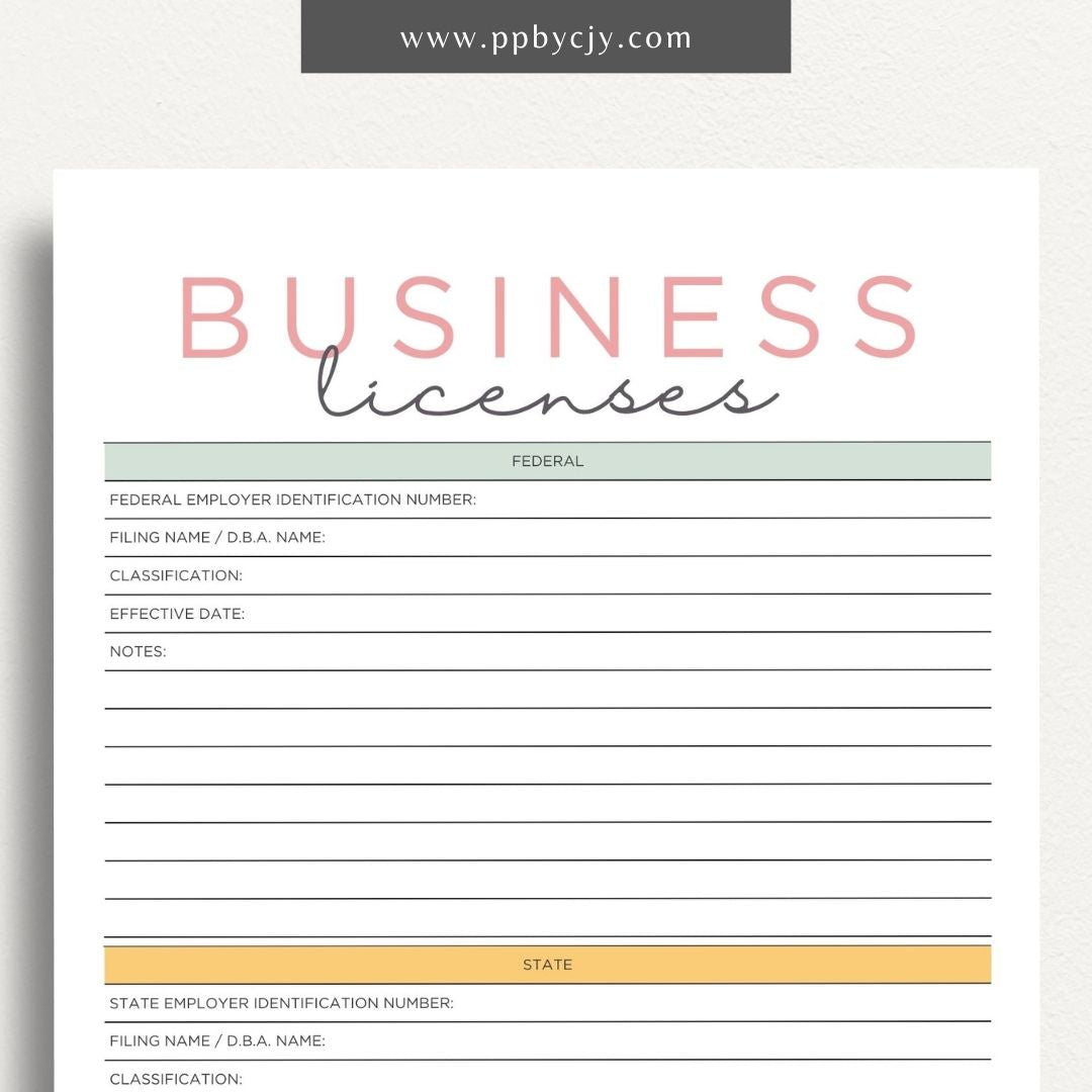 Business License Tracking Printable Template – Digital Download for Organizing and Managing Business Licenses