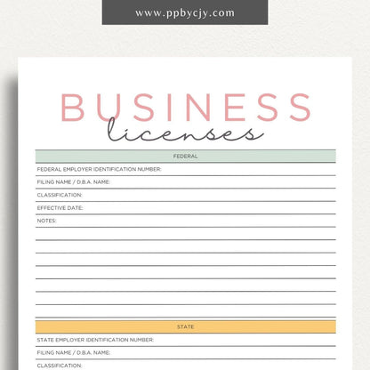 Business License Tracking Printable Template – Digital Download for Organizing and Managing Business Licenses