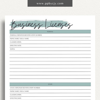 Business License Tracking Printable Template – Digital Download for Organizing and Managing Business Licenses