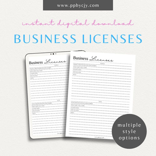 Business License Tracking Printable Template – Digital Download for Organizing and Managing Business Licenses