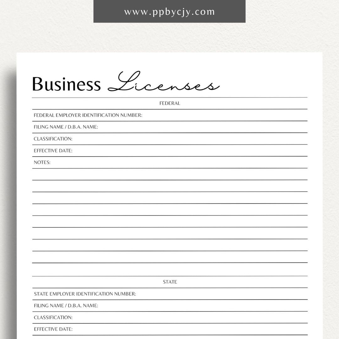 Business License Tracking Printable Template – Digital Download for Organizing and Managing Business Licenses