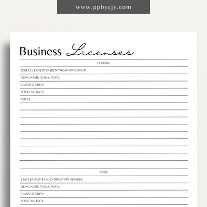 Business License Tracking Printable Template – Digital Download for Organizing and Managing Business Licenses