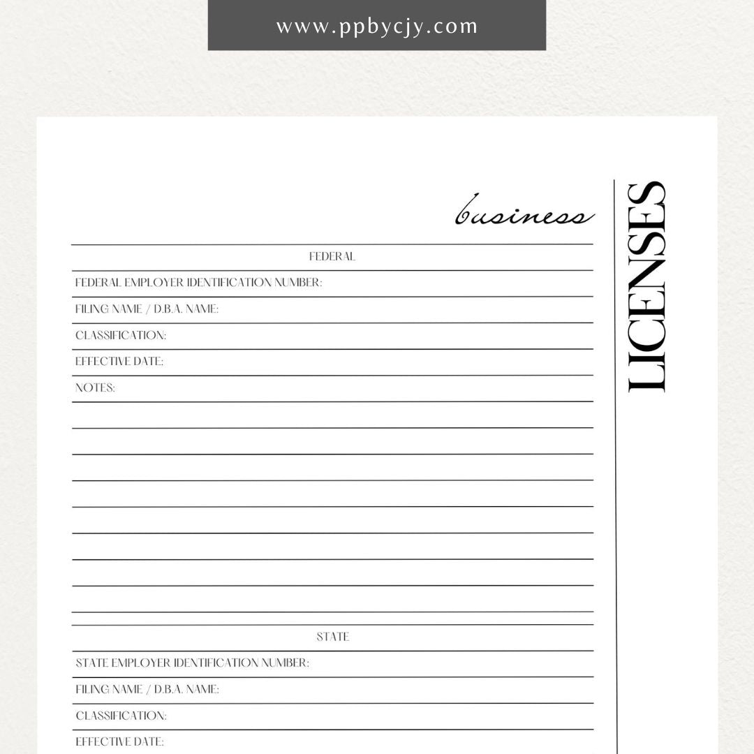 Business License Tracking Printable Template – Digital Download for Organizing and Managing Business Licenses