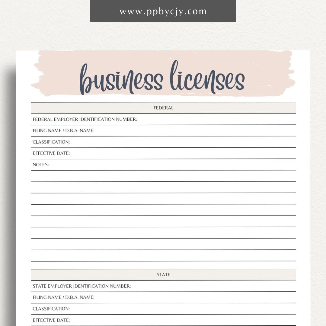 Business License Tracking Printable Template – Digital Download for Organizing and Managing Business Licenses