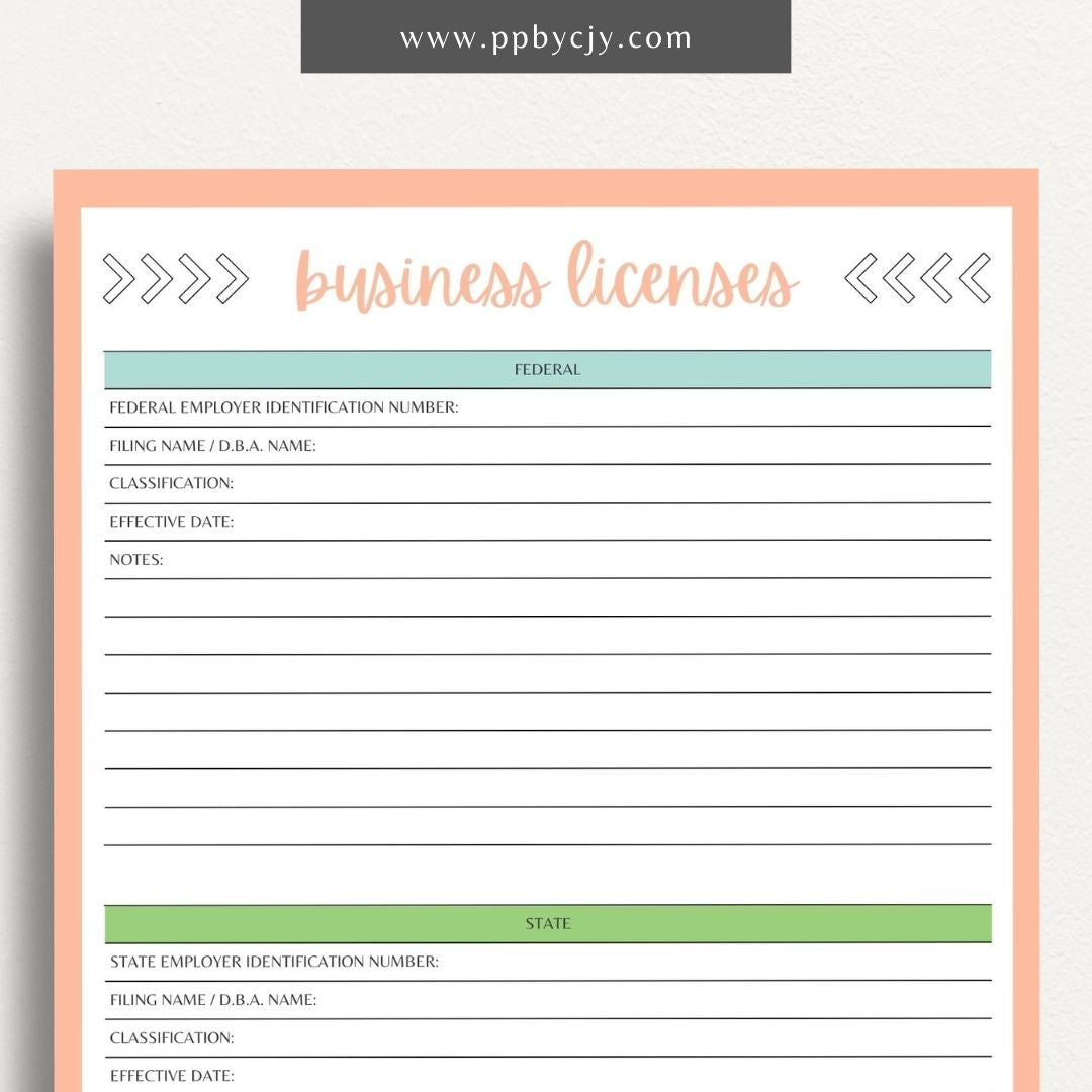 Business License Tracking Printable Template – Digital Download for Organizing and Managing Business Licenses