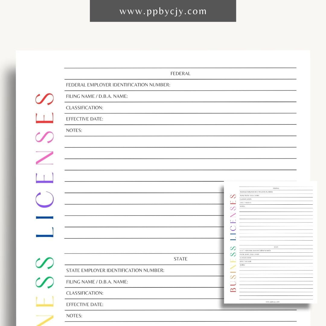 Business License Tracking Printable Template – Digital Download for Organizing and Managing Business Licenses