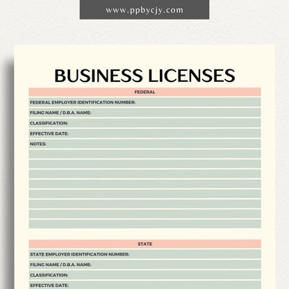 Business License Tracking Printable Template – Digital Download for Organizing and Managing Business Licenses