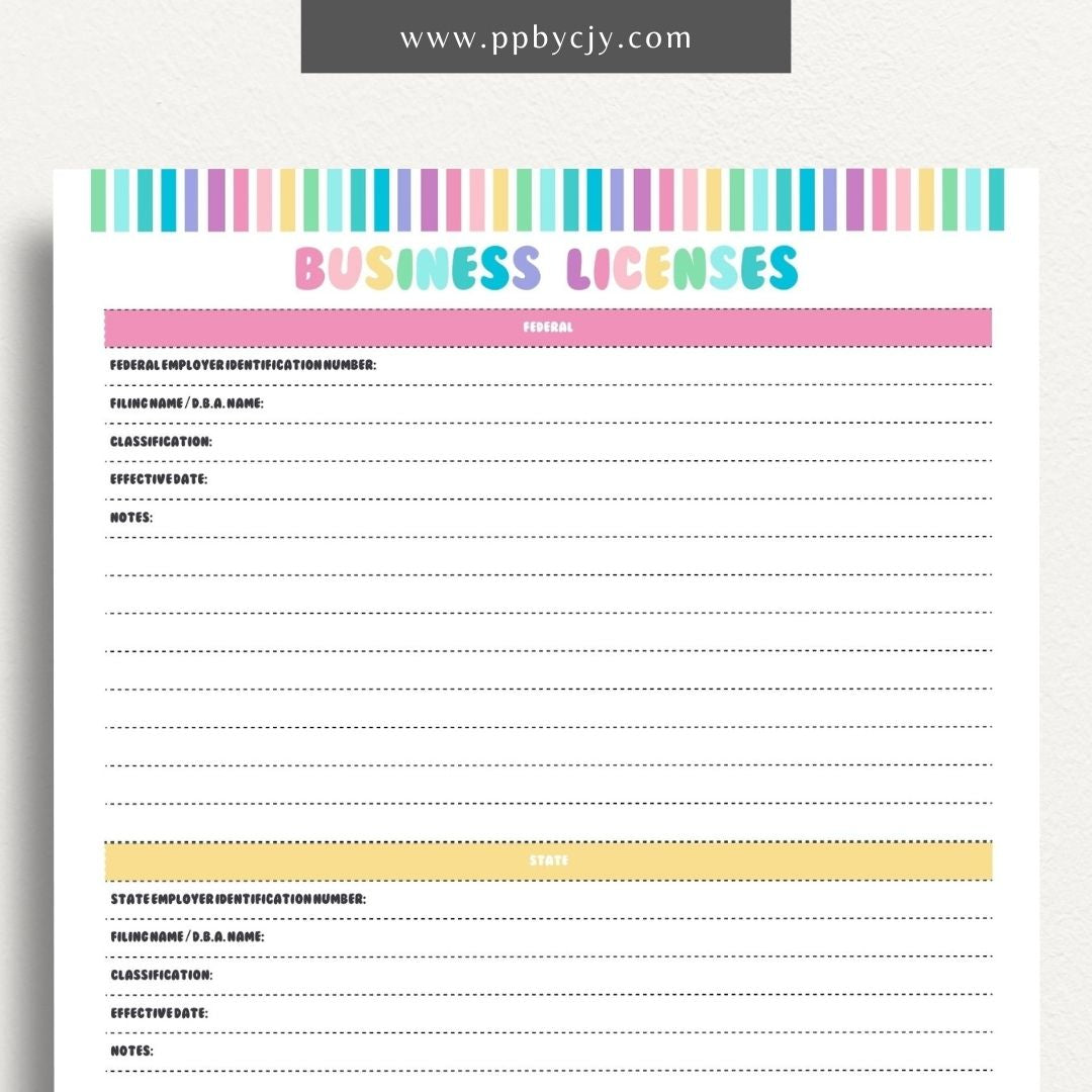 Business License Tracking Printable Template – Digital Download for Organizing and Managing Business Licenses