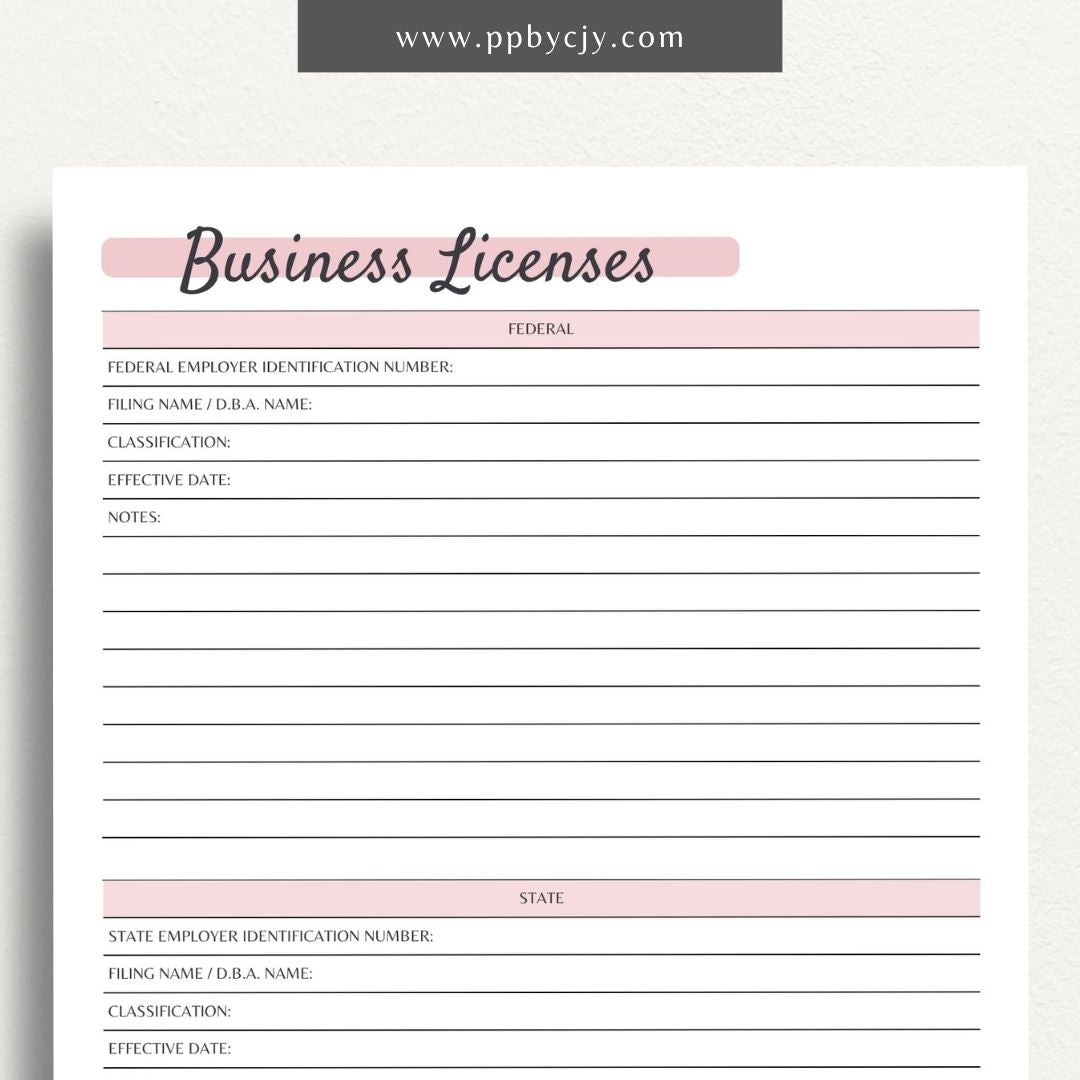 Business Licenses Printable PDF Template