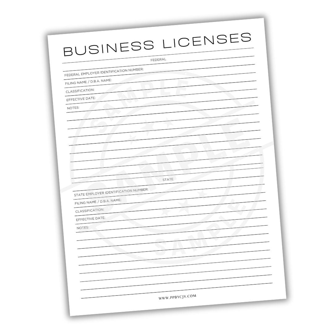 Sheet of paper titled 'Business Licenses' with columns for various details on a white background.