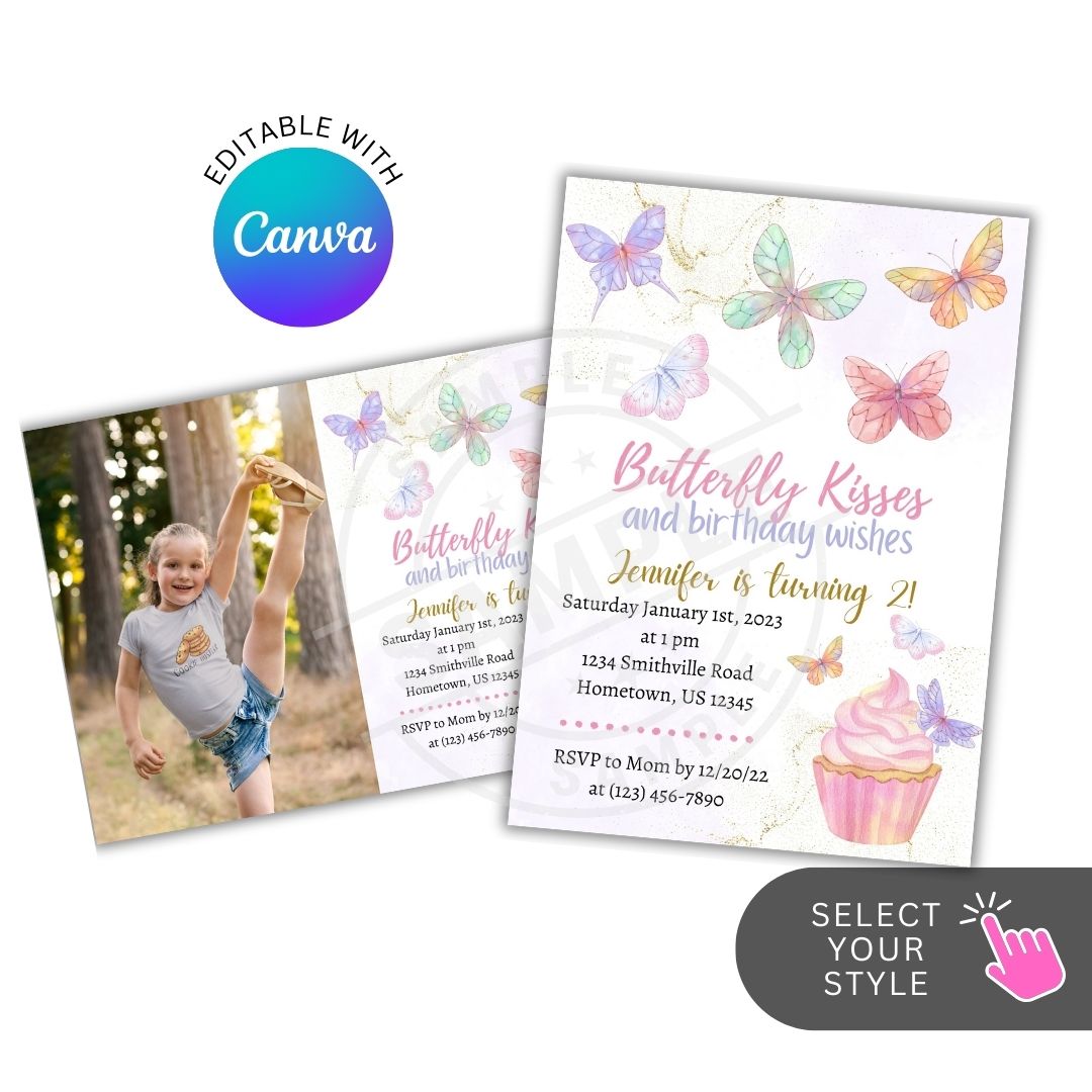 Butterfly-themed birthday invitation with Canva logo and photo editing option.