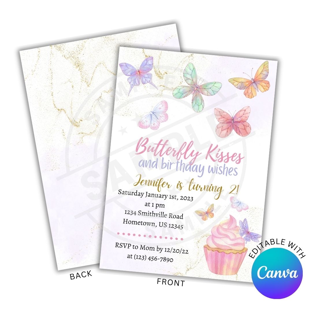 Invitation card with butterflies and a cupcake design, featuring Canva branding.