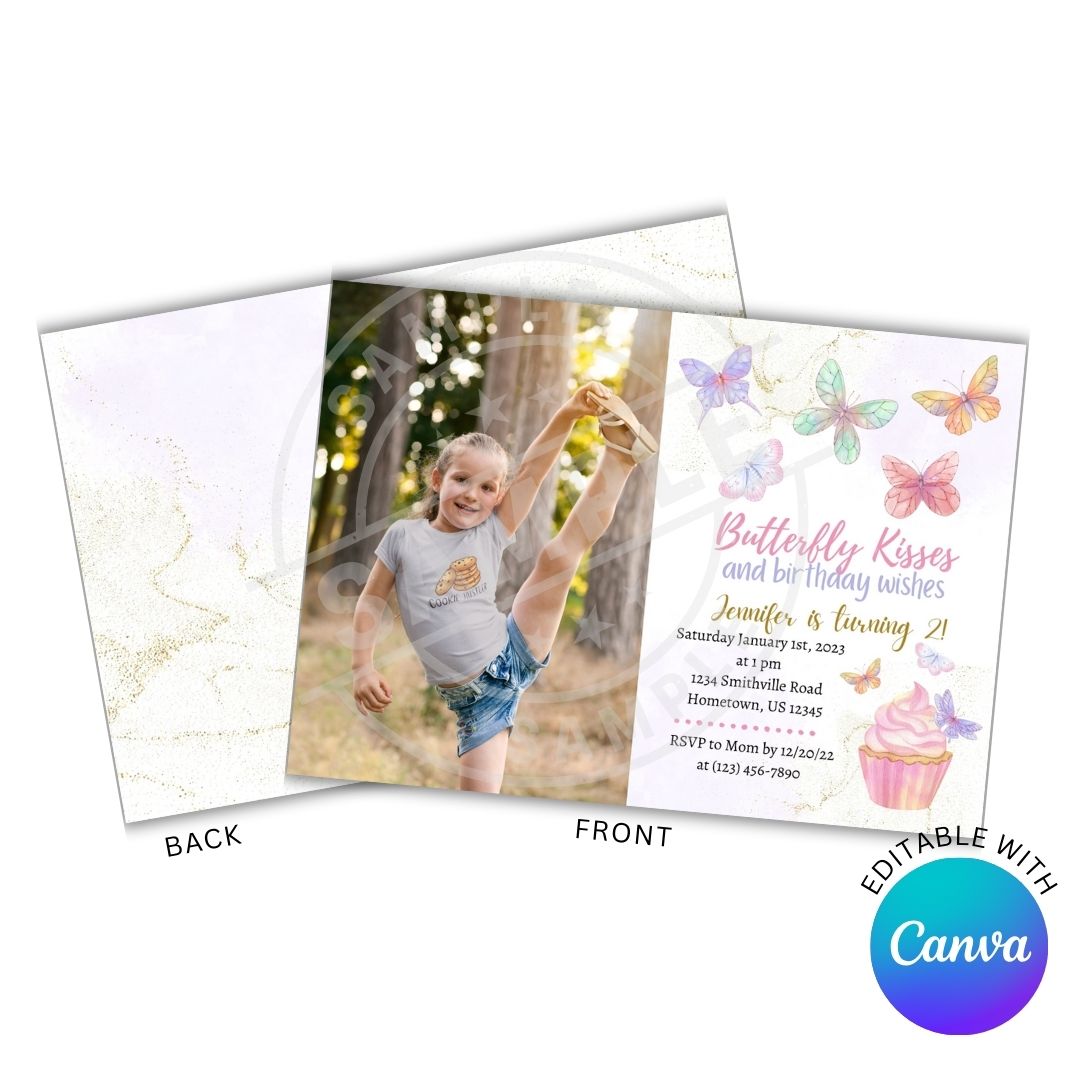 Birthday invitation card with butterfly design and photo of a child, featuring Canva branding.