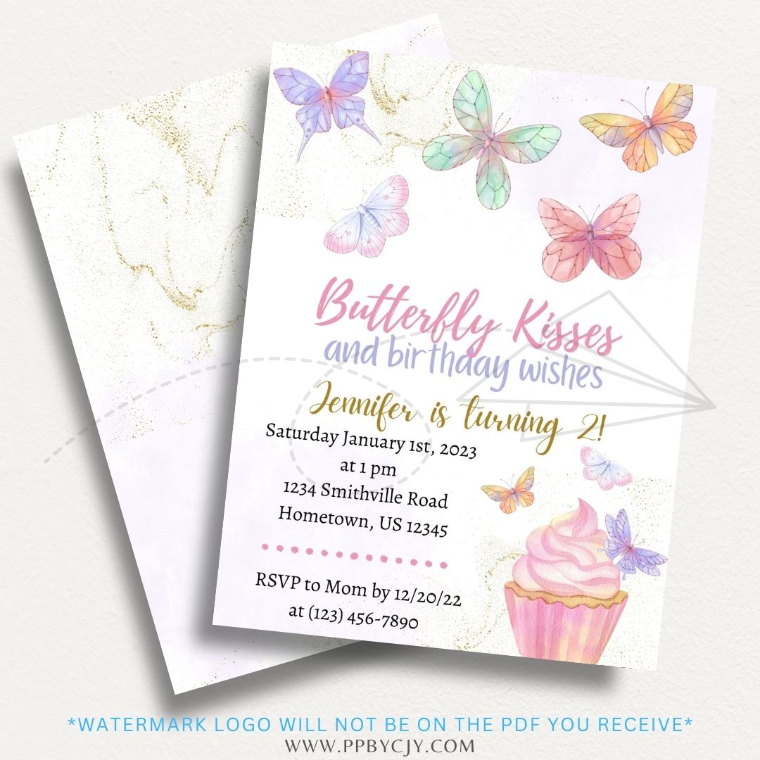 Butterfly Themed Printable Party Invitation featuring colorful butterflies, perfect for garden parties, birthdays, and nature-inspired celebrations.

