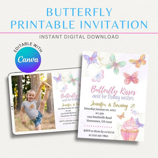 Butterfly Themed Printable Party Invitation featuring colorful butterflies, perfect for garden parties, birthdays, and nature-inspired celebrations.

