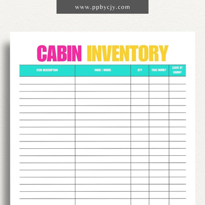 Cabin Home Inventory Printable Template – Digital Download for Organizing and Tracking Cabin Inventory