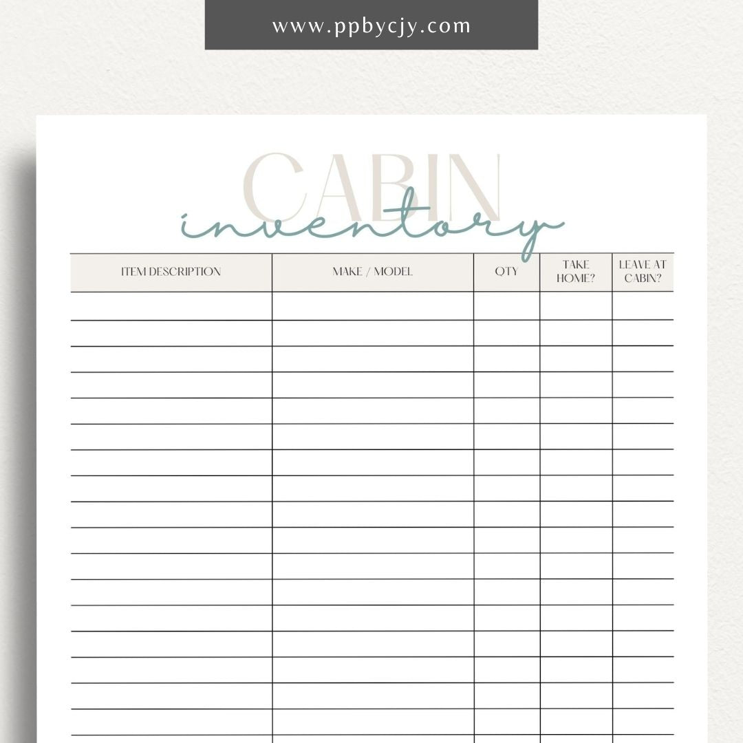 Cabin Home Inventory Printable Template – Digital Download for Organizing and Tracking Cabin Inventory