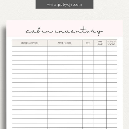 Cabin Home Inventory Printable Template – Digital Download for Organizing and Tracking Cabin Inventory