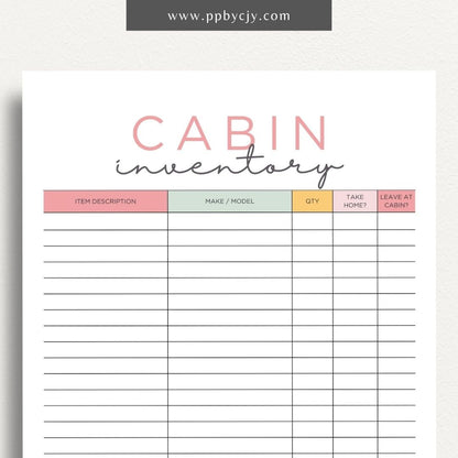 Cabin Home Inventory Printable Template – Digital Download for Organizing and Tracking Cabin Inventory