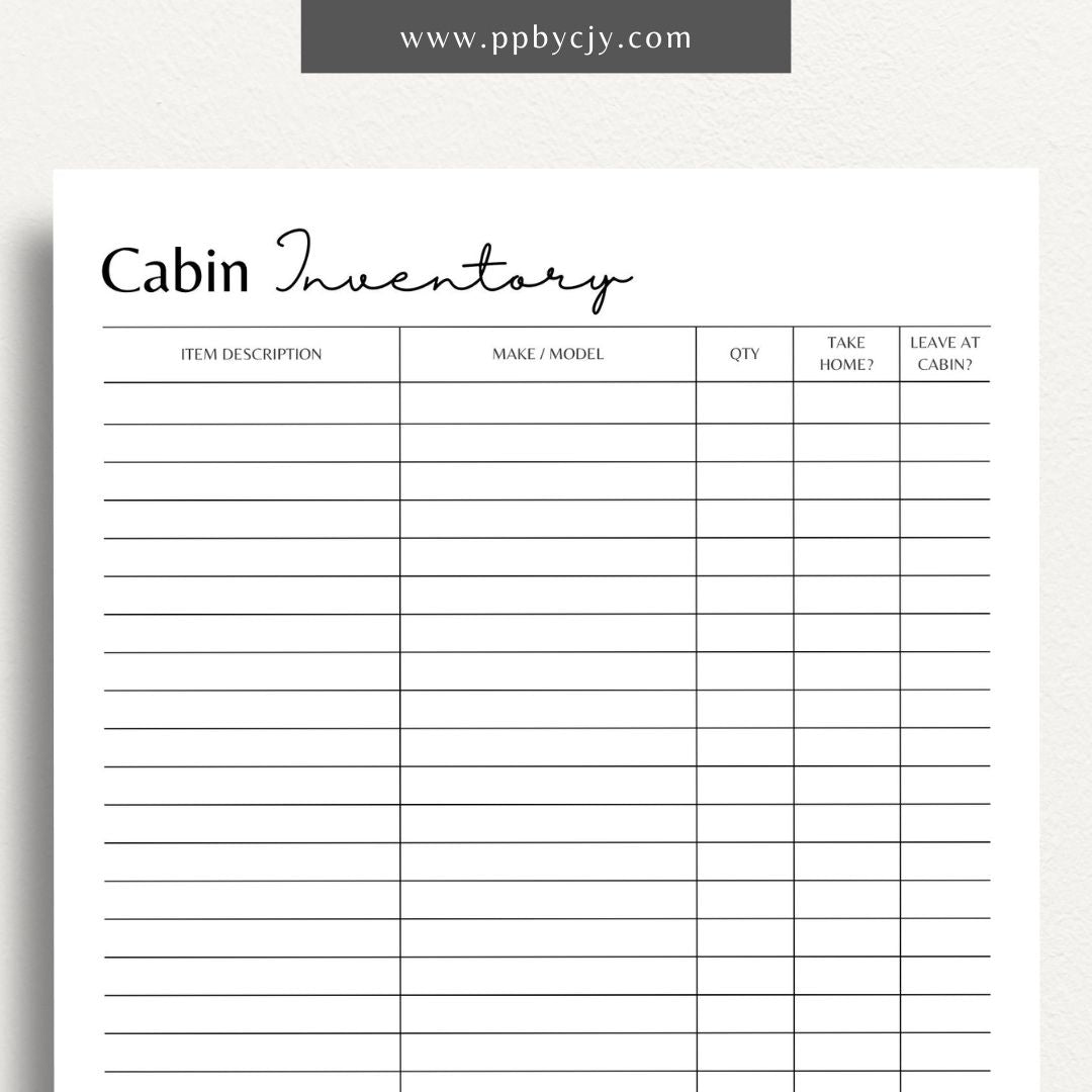 Cabin Home Inventory Printable Template – Digital Download for Organizing and Tracking Cabin Inventory