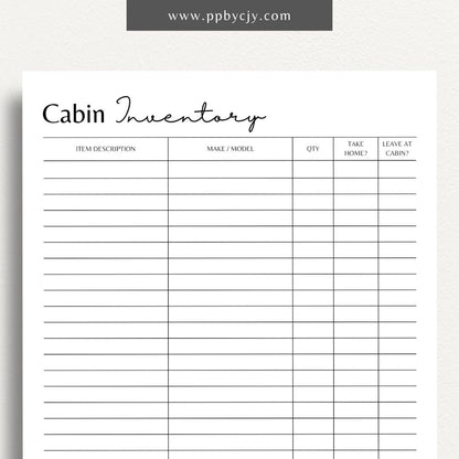 Cabin Home Inventory Printable Template – Digital Download for Organizing and Tracking Cabin Inventory