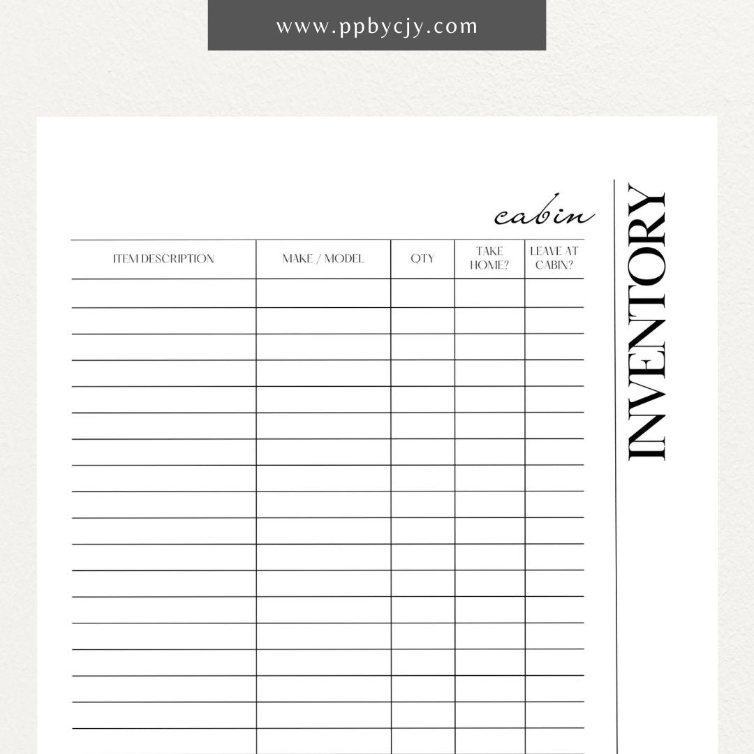 Cabin Home Inventory Printable Template – Digital Download for Organizing and Tracking Cabin Inventory