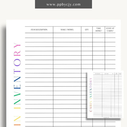 Cabin Home Inventory Printable Template – Digital Download for Organizing and Tracking Cabin Inventory