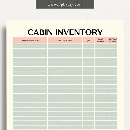 Cabin Home Inventory Printable Template – Digital Download for Organizing and Tracking Cabin Inventory