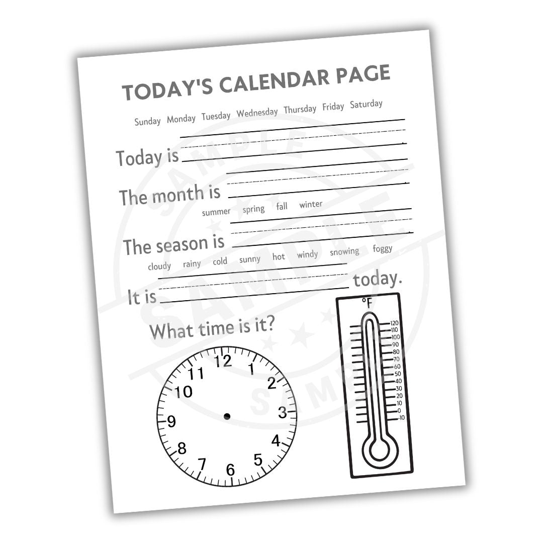 Calendar worksheet with time and weather elements on a white background