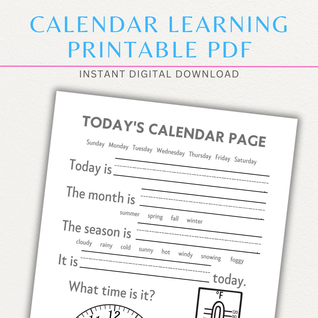 Printable calendar learning aid with days, months, and year tracking sections for students and beginners.

