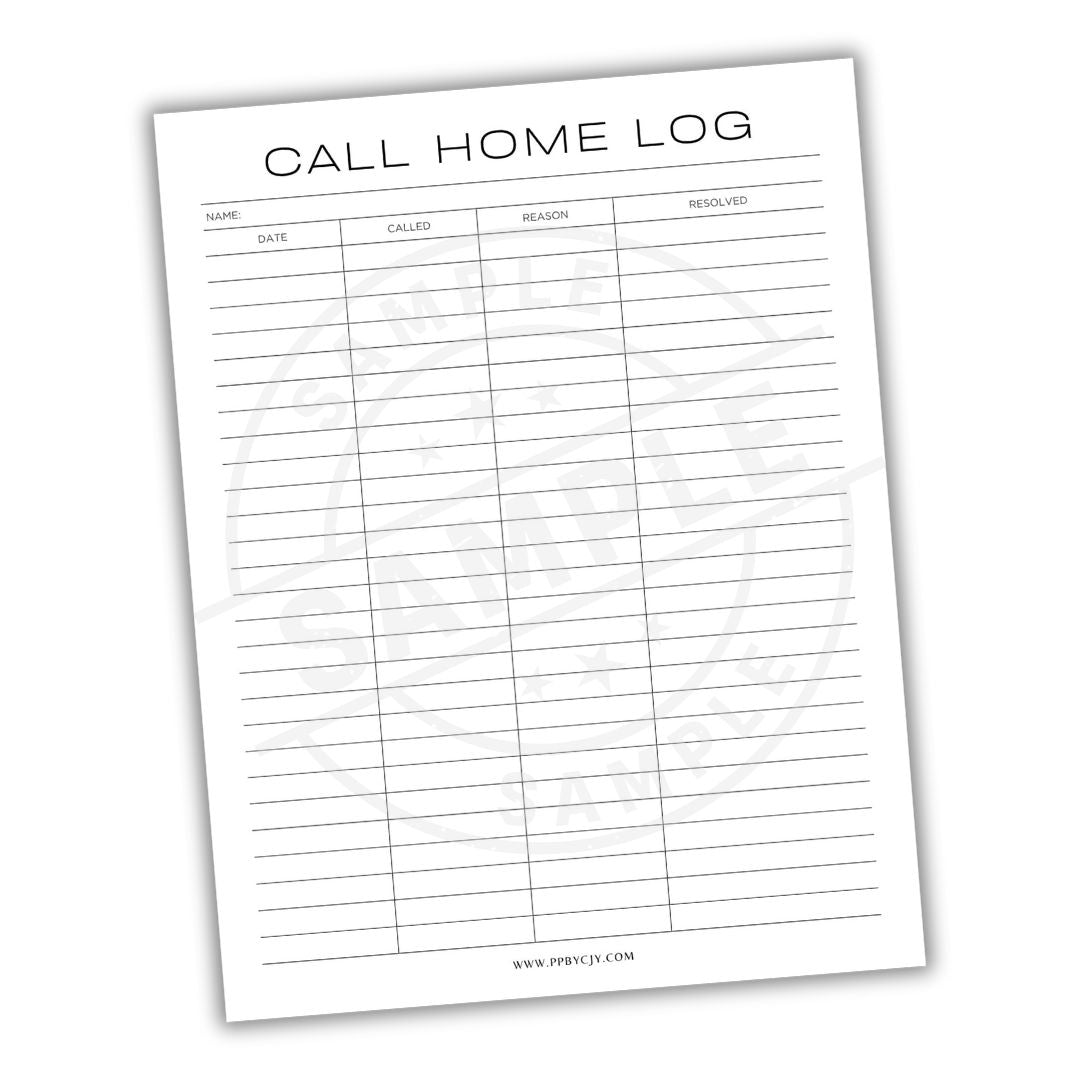 Call home log sheet with columns for name, date, called, reason, and resolved on a white background.