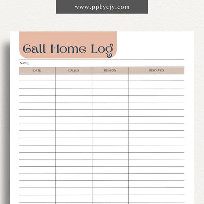 Teacher call home communication log printable template with columns for date, student name, and notes